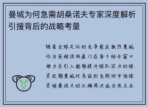 曼城为何急需胡桑诺夫专家深度解析引援背后的战略考量