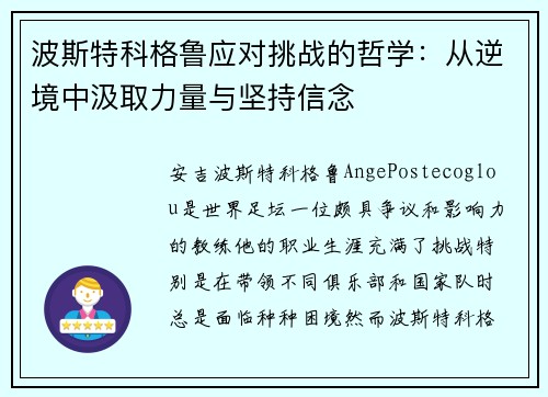 波斯特科格鲁应对挑战的哲学：从逆境中汲取力量与坚持信念