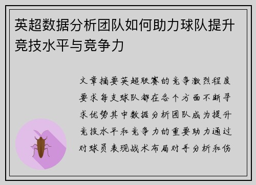 英超数据分析团队如何助力球队提升竞技水平与竞争力