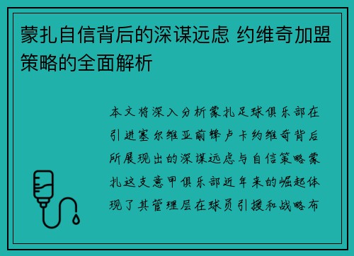 蒙扎自信背后的深谋远虑 约维奇加盟策略的全面解析 蒙扎自信背后的深谋远虑 约维奇加盟策略的全面解析
